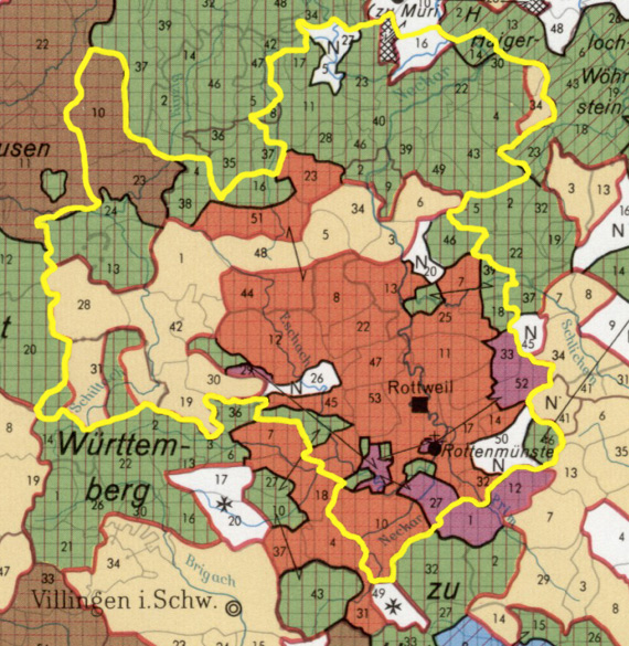 The territorial structure of the region till about 1800 combined with the border of the Landkreis Rottweil of today